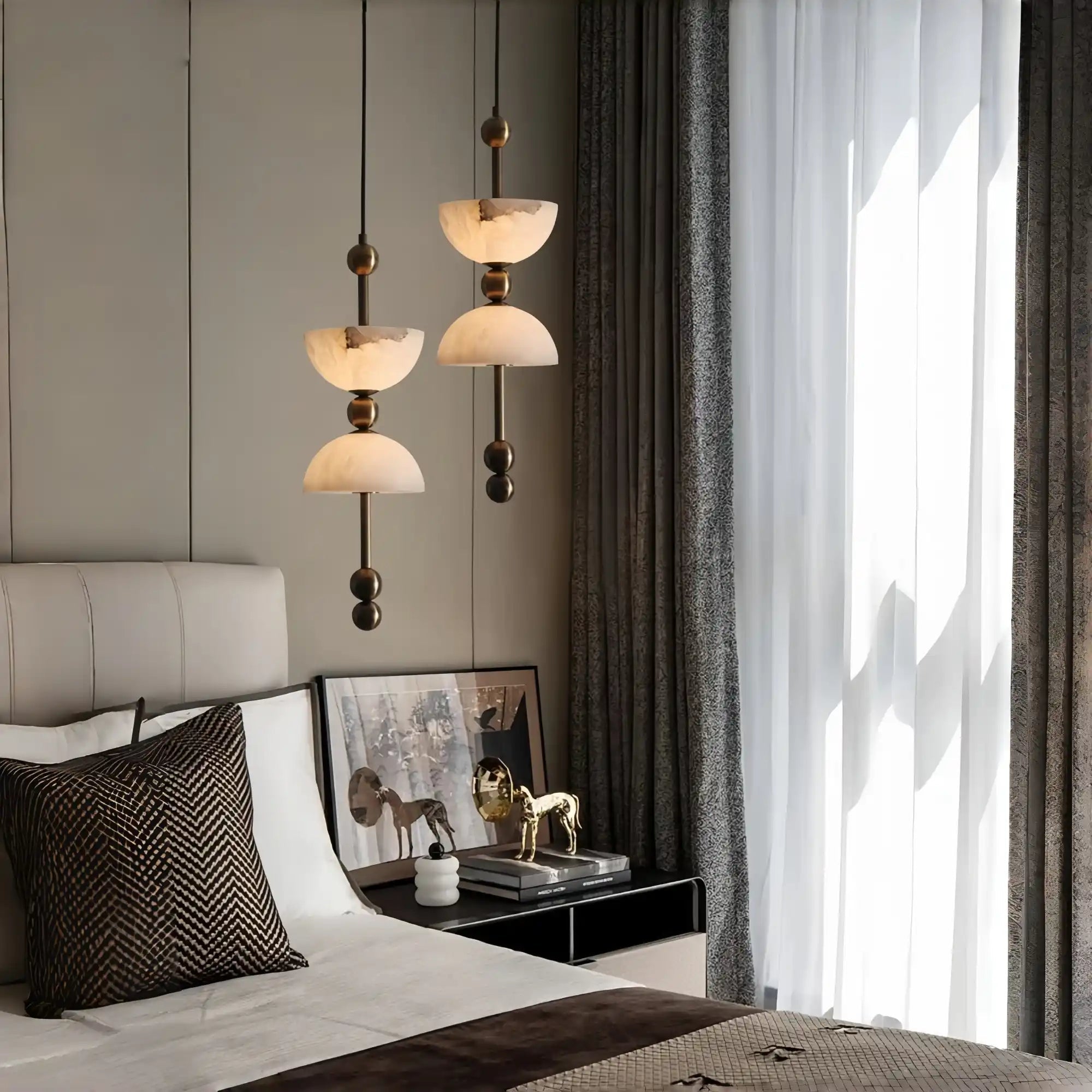 Duo Alabaster Pendant Lamp - 1 heads ∅ 5.9″ x H 16.9″Bronze & WhiteWarm LightBlushlighting