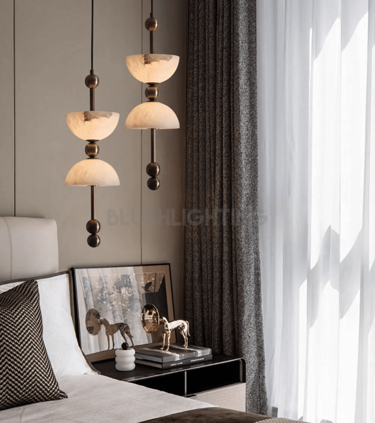 Duo Alabaster Pendant Lamp - ∅ 5.9″ x H 16.9″Bronze & WhiteWarm LightBlushlighting