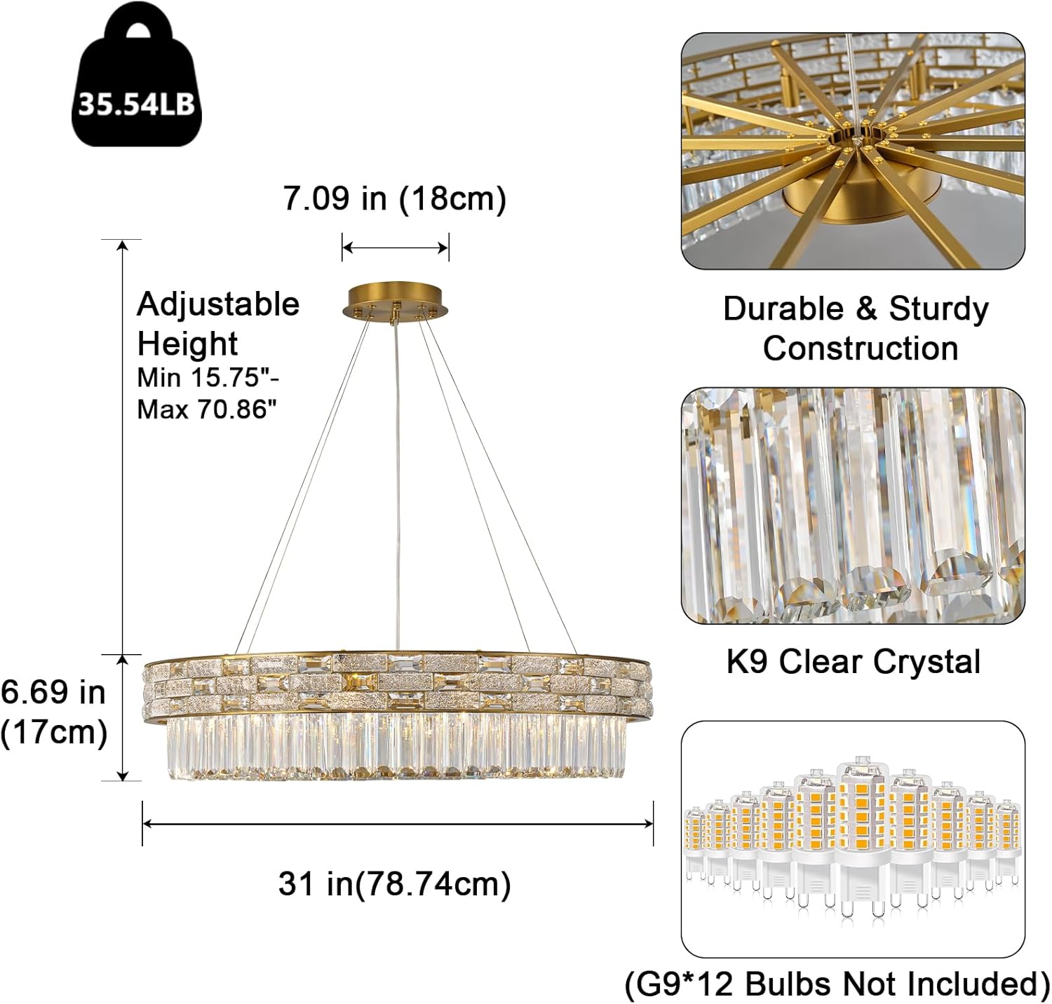 Elegant 31‑Inch Gold Crystal Chandelier with 12 Adjustable Lights