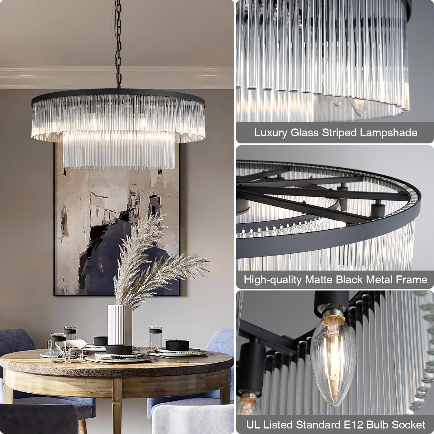 Elegant Black Glass Two-Tier 31.5" 10-Light Modern Chandelier