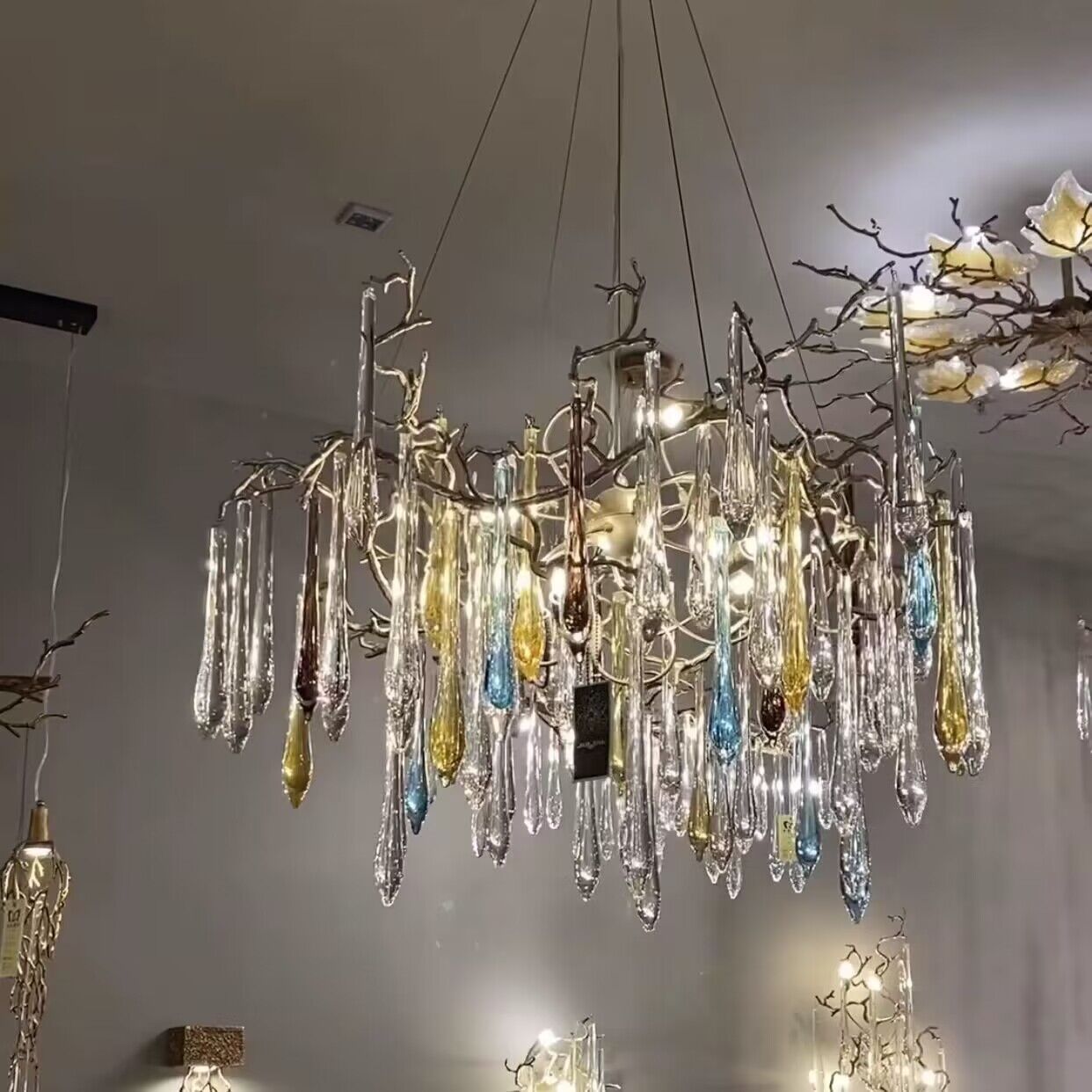 Elegant Colorful Crystal Drops Chandelier Brass Branch Style Pendant Light For Living/ Dining Room