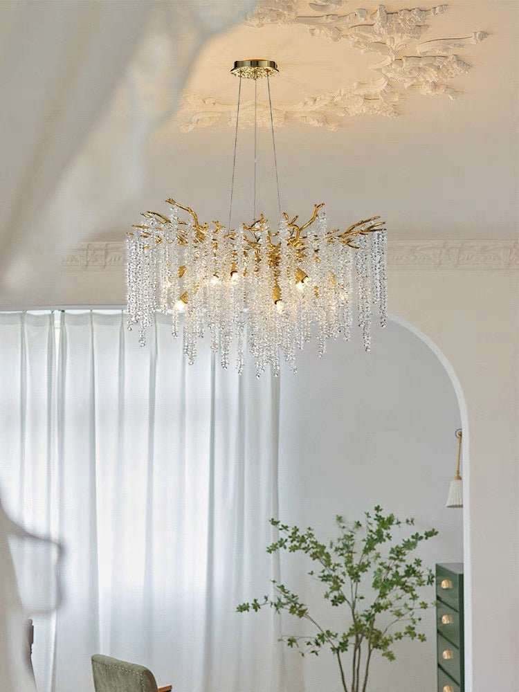 Elegant Crystal Icicle Chandelier in Branch Style for Dining Table Use - Round D23.6"/8 LightsGoldWarm LightBlushlighting