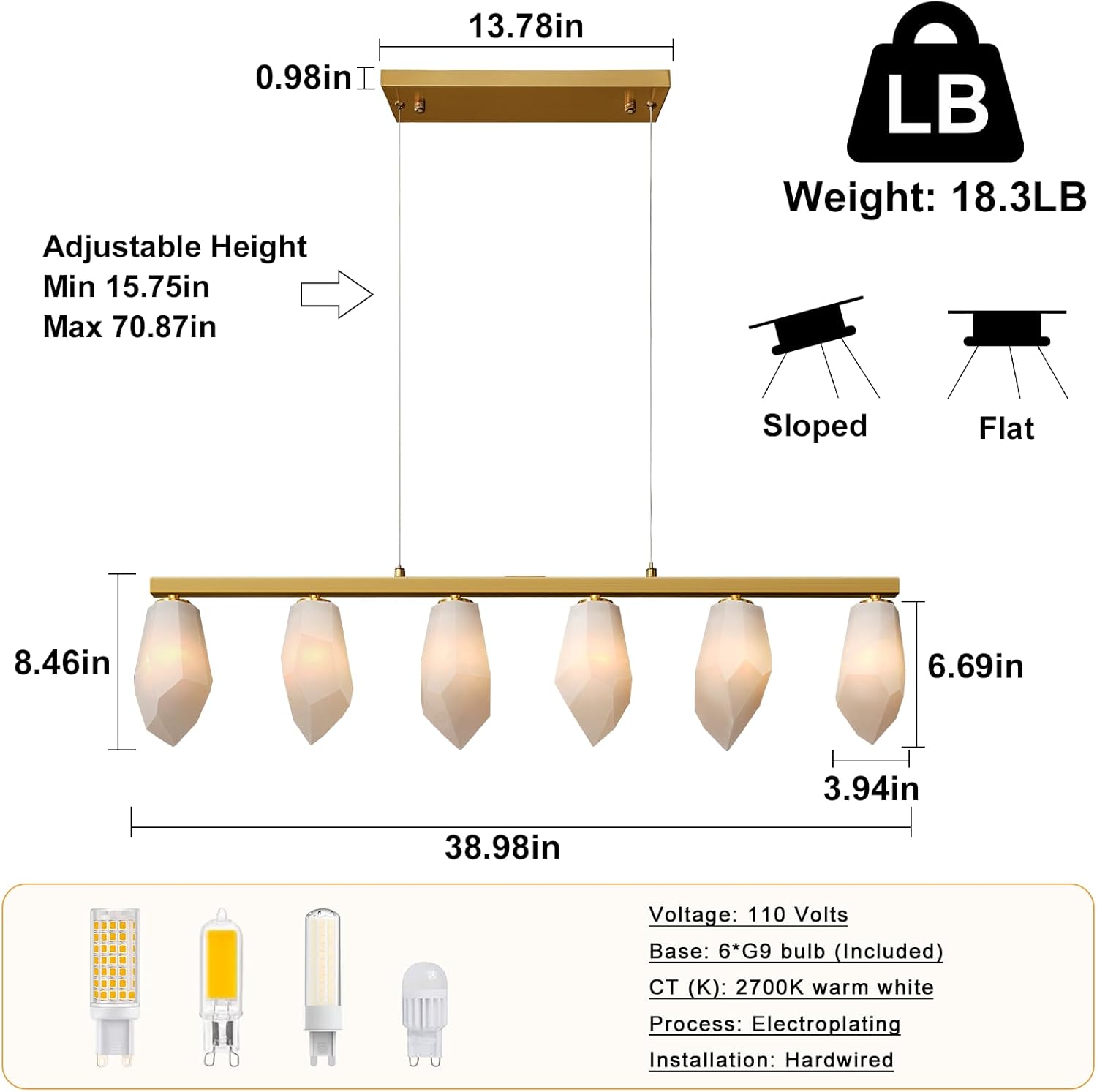 Elegant Gold Alabaster 6 - Light Linear Chandelier for Dining - L39‘’Blushlighting