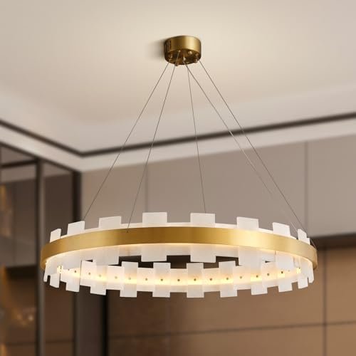 Elegant Spanish Alabaster Round Chandelier 31.5" Diameter with Adjustable Height - 2 - Gold - RoundD31.5 inBlushlighting