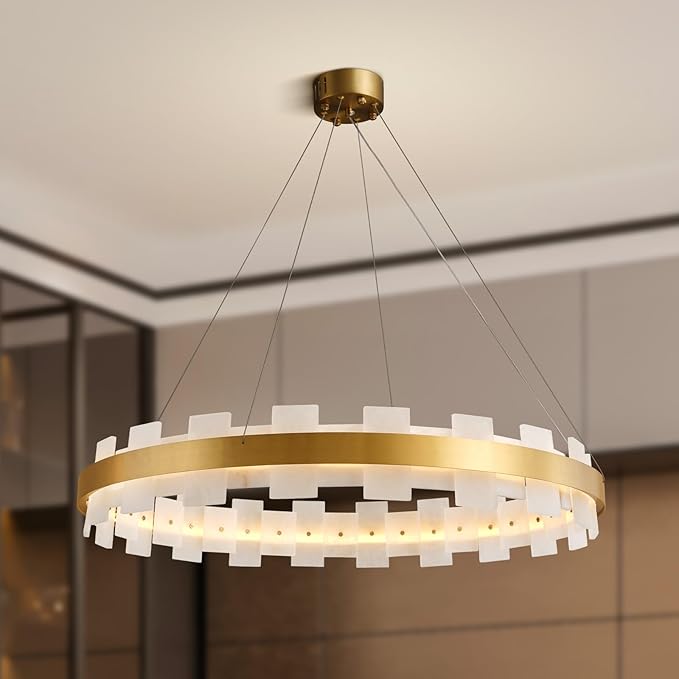 Elegant Spanish Alabaster Round Chandelier 31.5" Diameter with Adjustable Height - 2 - Gold - RoundD31.5 inBlushlighting