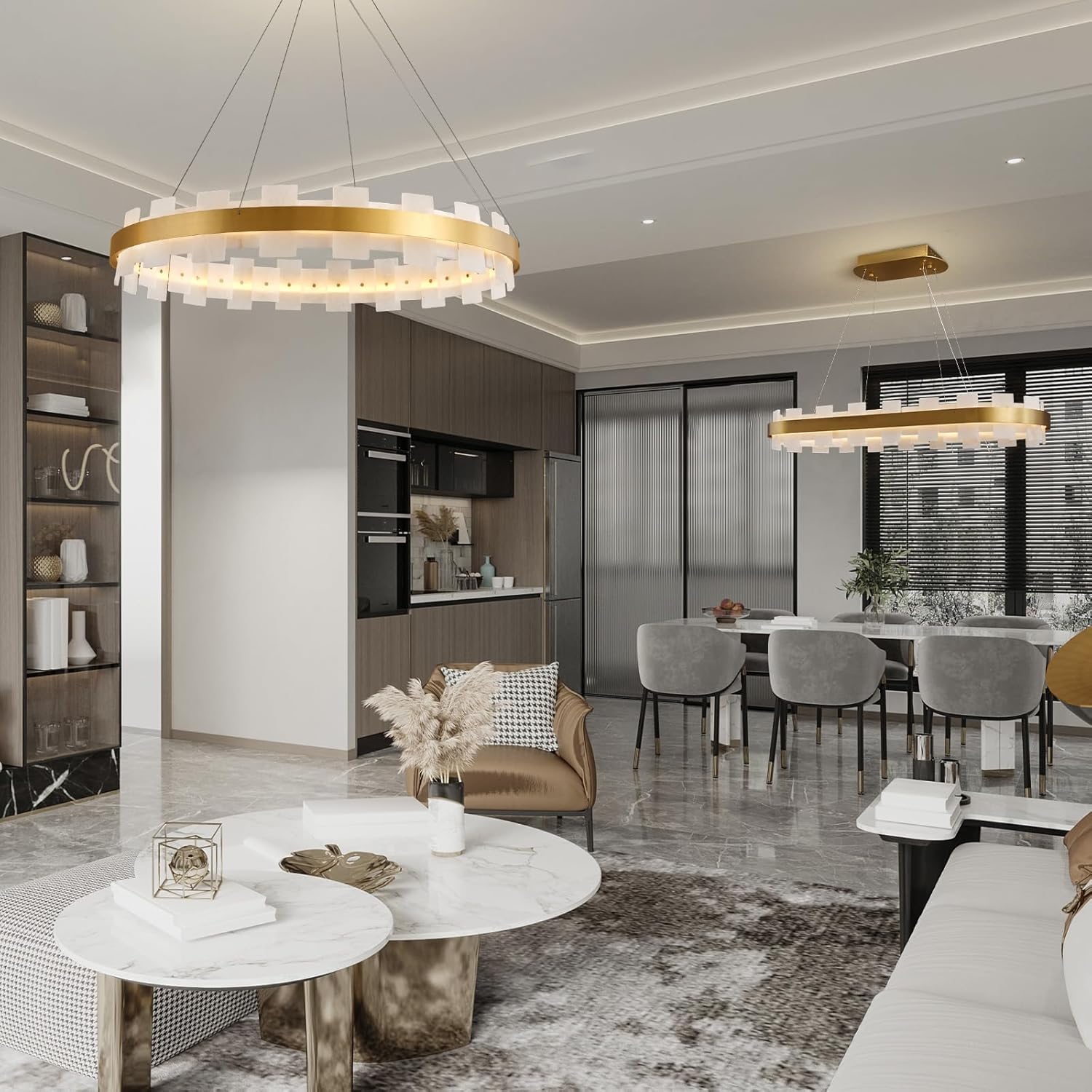 Elegant Spanish Alabaster Round Chandelier 31.5" Diameter with Adjustable Height