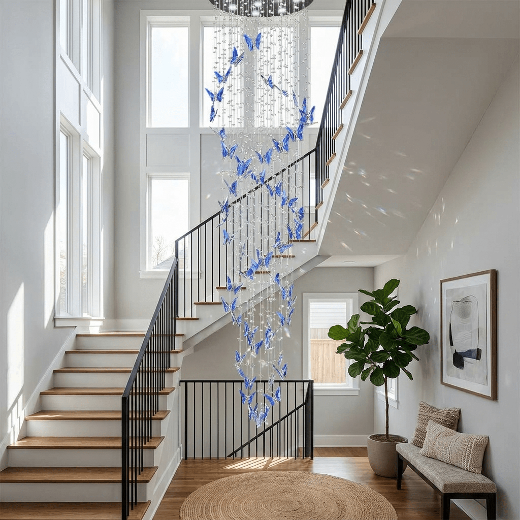 Elyndra LED K9 Crystal Column Chandelier - Dia 15.7″ × H 98.4″BlueWarm LightBlushlighting