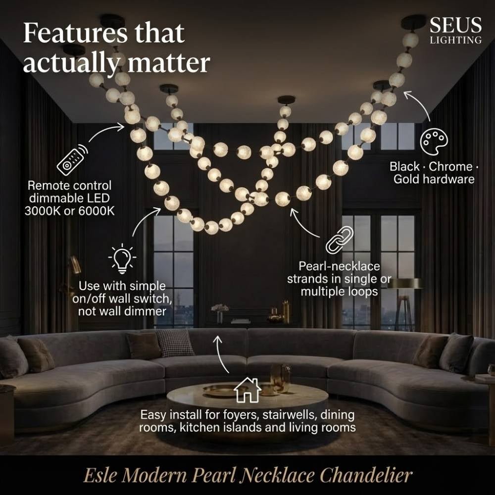 Esle Modern Pearl Necklace Chandelier - Black17 lightBlushlighting