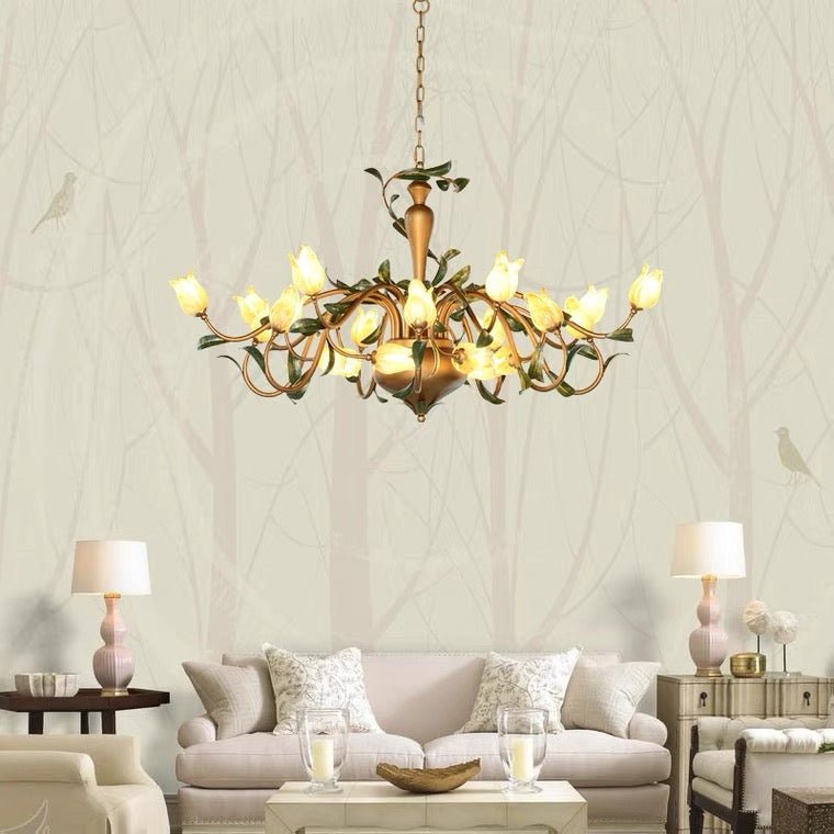 European Country Style Creative Beautiful Vintage Tulip Flower Chandelier for Dining Room Bedroom Living Room Kids Room - W32.28‘’*H19.69‘’/15 LightsWarm LightBlushlighting
