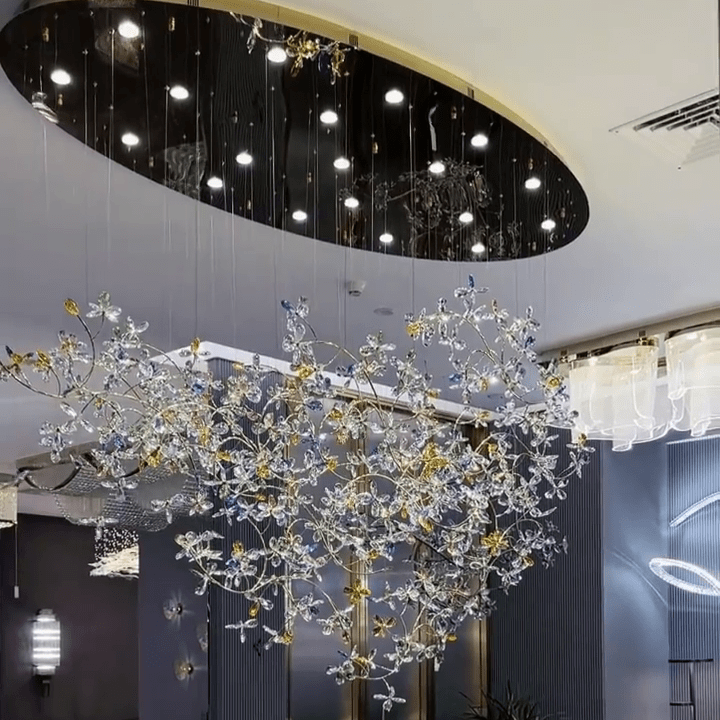 Exquisite Crystal Flower Branch Chandelier for Hotel Foyer and Entryway Ceiling Lighting Fixture - L47.2" * W17.7" * H47.2"/23.3kgChrome Branches+Chrome CanopyWarm LightBlushlighting