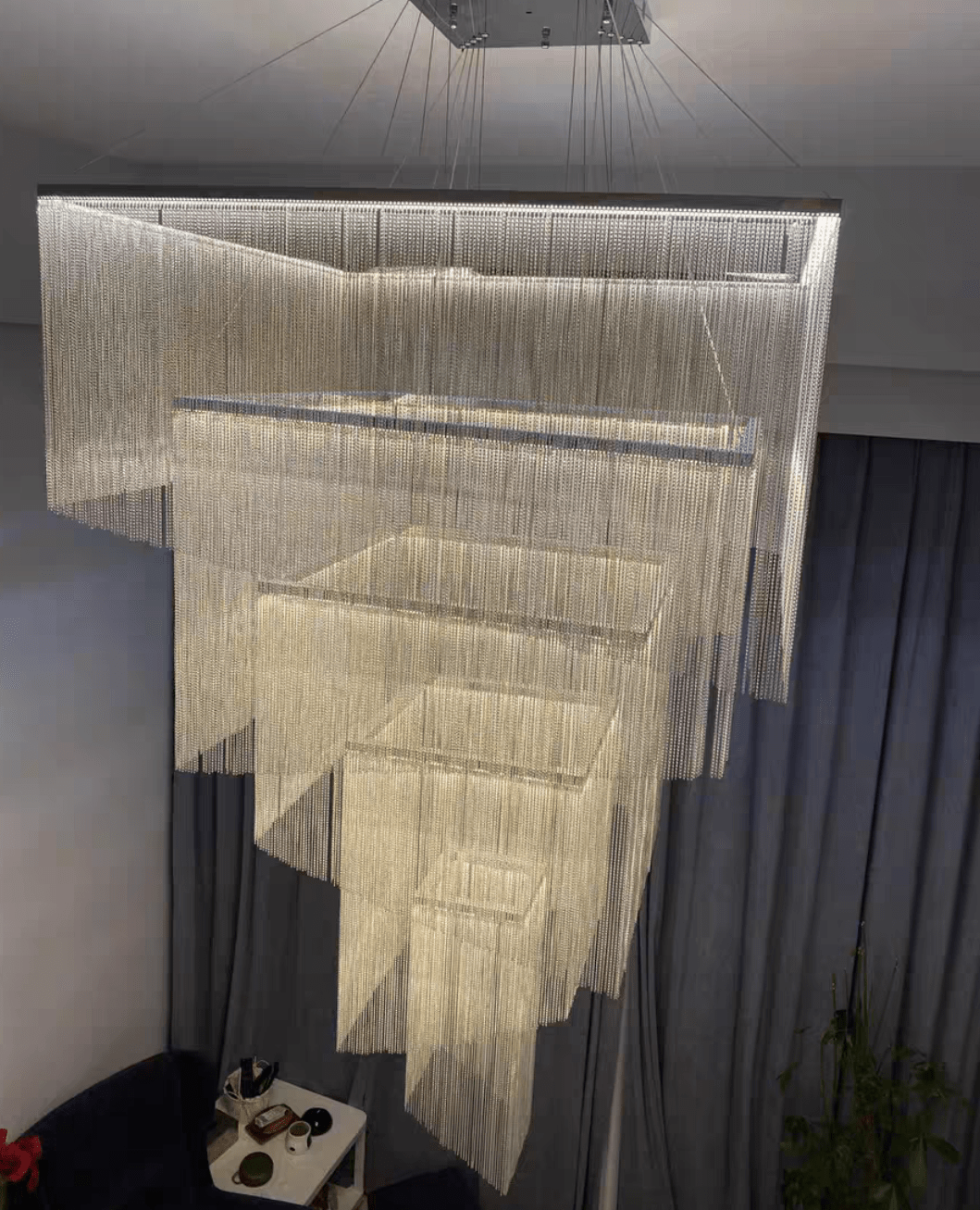 Extra Large Art Multi - tier Aluminum Chain Tassel Chandelier for High - Ceiling Room - L47.2"*W47.2"H78.7"ChromeWhite LightBlushlighting