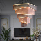 Extra Large Art Multi - tier Aluminum Chain Tassel Chandelier for High - Ceiling Room - L31.5"*W31.5"H63.0"ChromeWarm LightBlushlighting