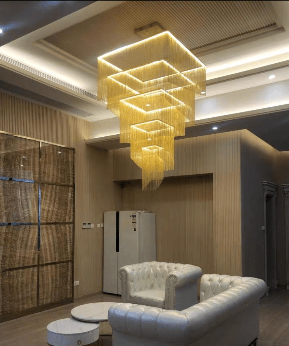 Extra Large Art Multi - tier Aluminum Chain Tassel Chandelier for High - Ceiling Room - L31.5"*W31.5"H63.0"ChromeWhite LightBlushlighting