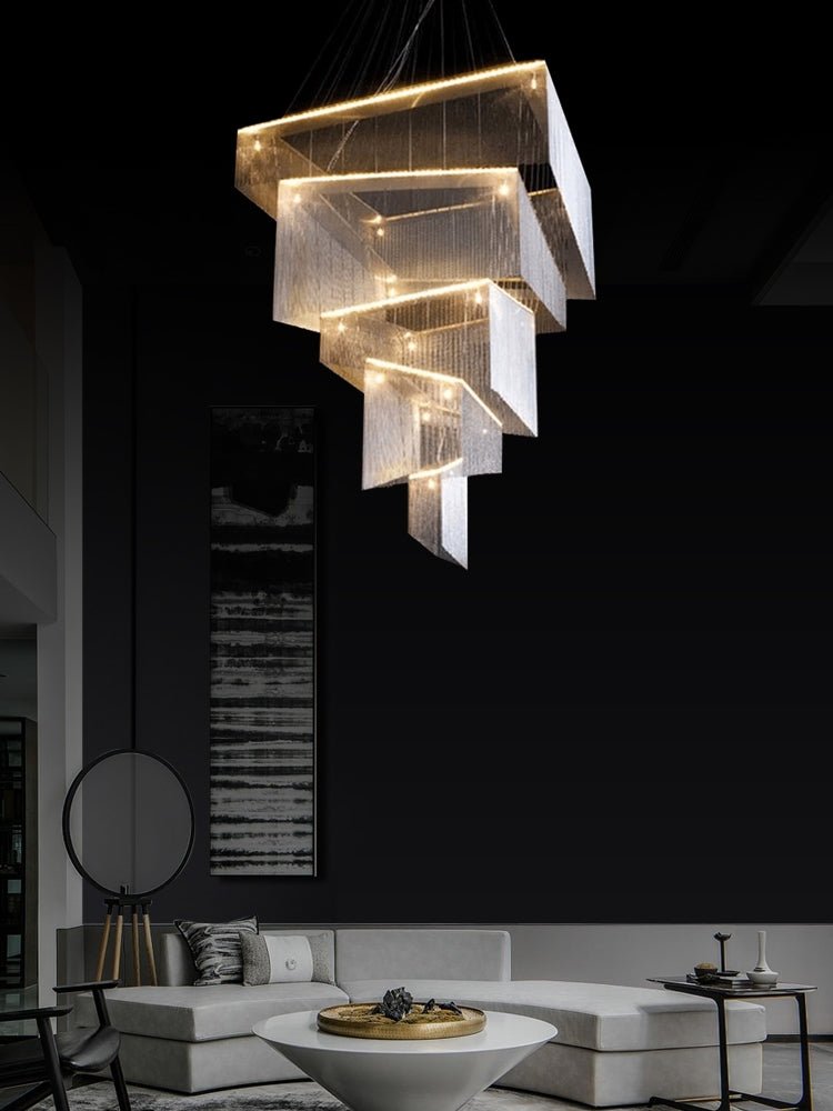Extra Large Art Multi - tier Aluminum Chain Tassel Chandelier for High - Ceiling Room - L31.5"*W31.5"H63.0"ChromeWarm LightBlushlighting