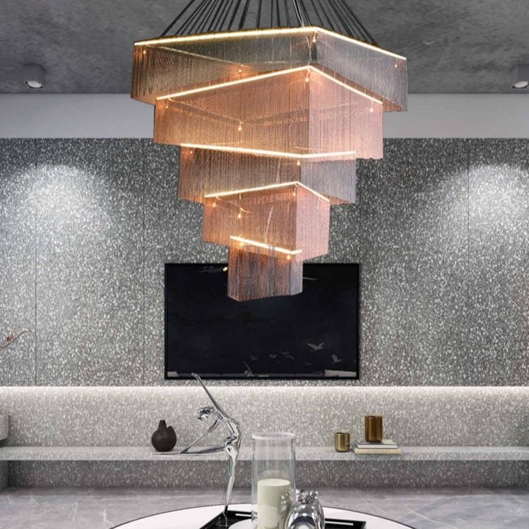 Extra Large Art Multi - tier Aluminum Chain Tassel Chandelier for High - Ceiling Room - L47.2"*W47.2"H78.7"PinkWarm LightBlushlighting