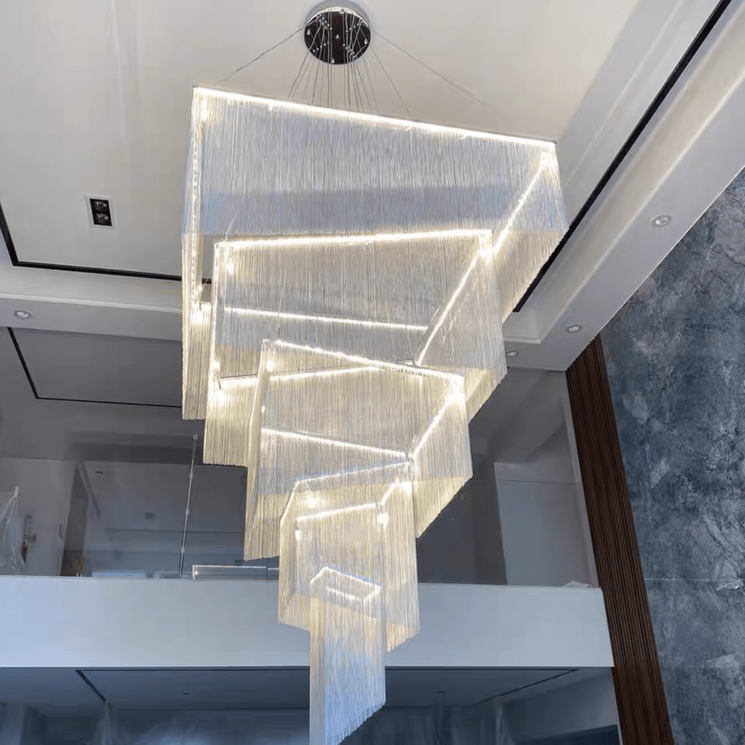 Extra Large Art Multi - tier Aluminum Chain Tassel Chandelier for High - Ceiling Room - L31.5"*W31.5"H63.0"ChromeWhite LightBlushlighting