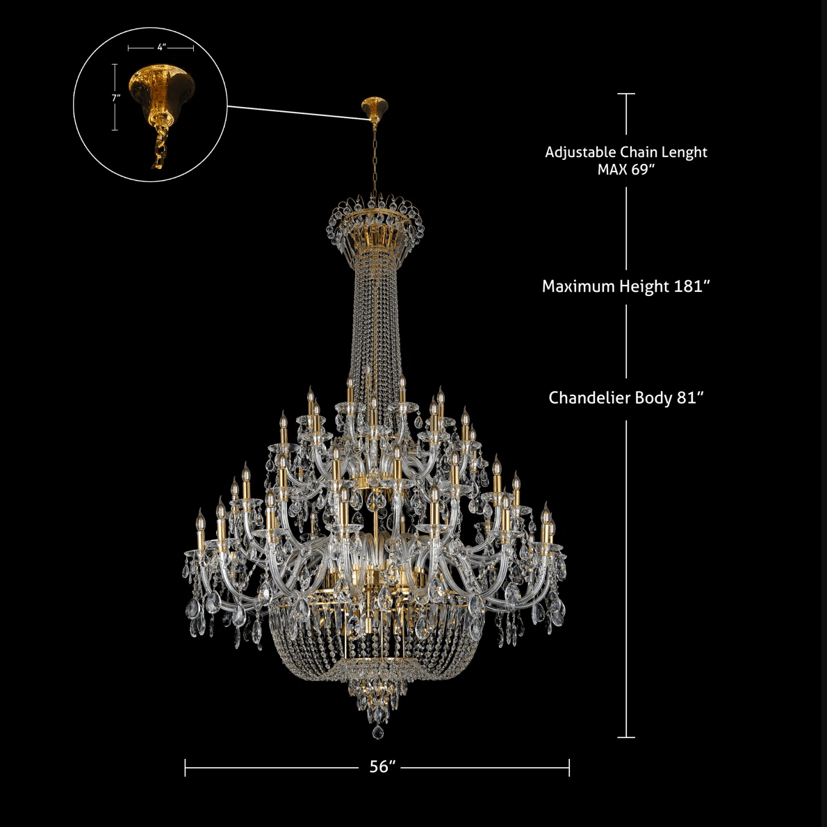 Extra Large European-style Multi-layers Candle Luxury Crystal Chandelier Gold Art Foyer/Staircase Decorative Light Fixture - 4 Layers /52+10 Lights/D57.1"*H78.7"(D145cm*H200cm)/120kgChromeWarm LightBlushlighting