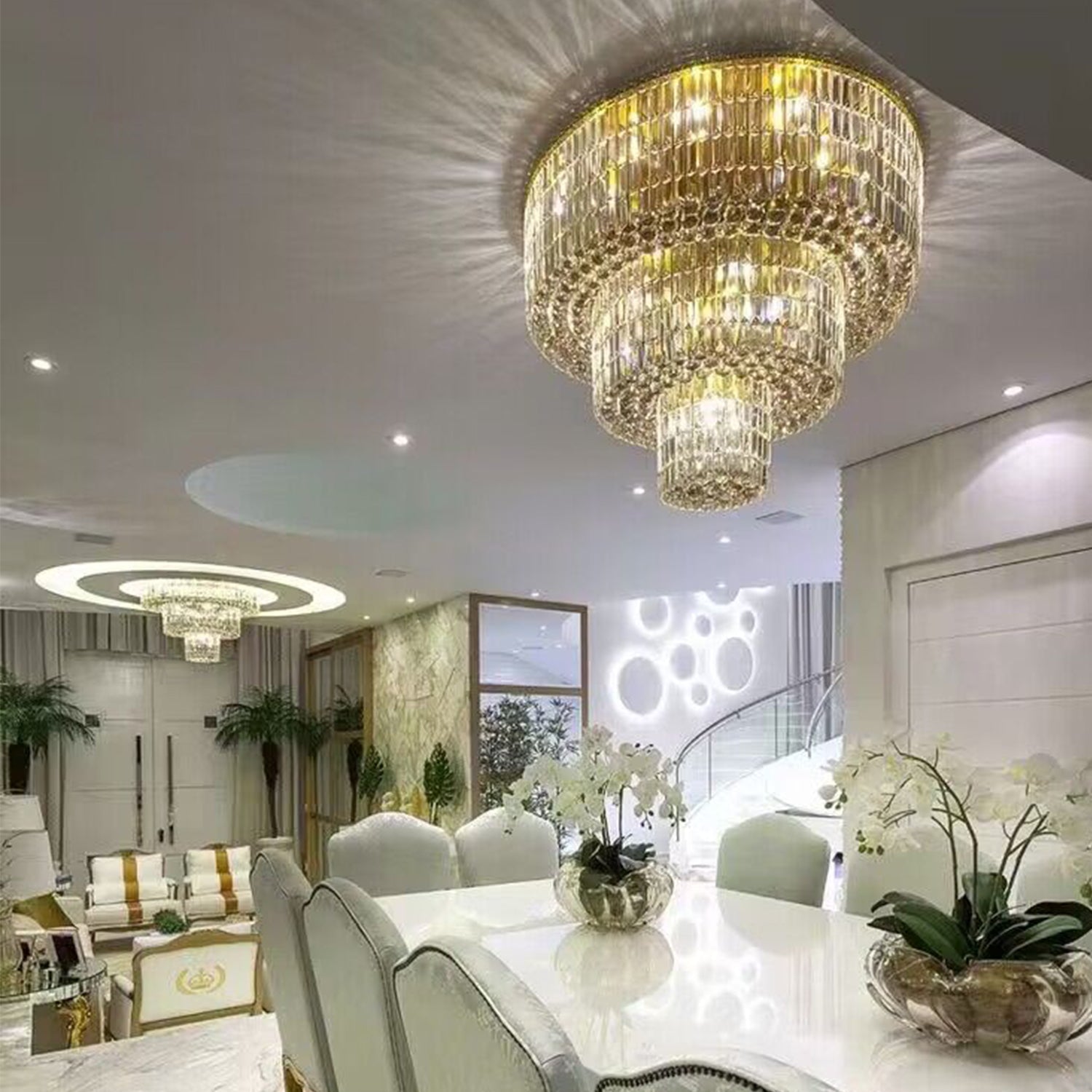 Extra Large Gold Flush Mount Crystal Light Round 3 - layers Decorative Living Room/Dining Room Light Fixture - D23.6"*H25.2"/31.5kgWarm LightBlushlighting