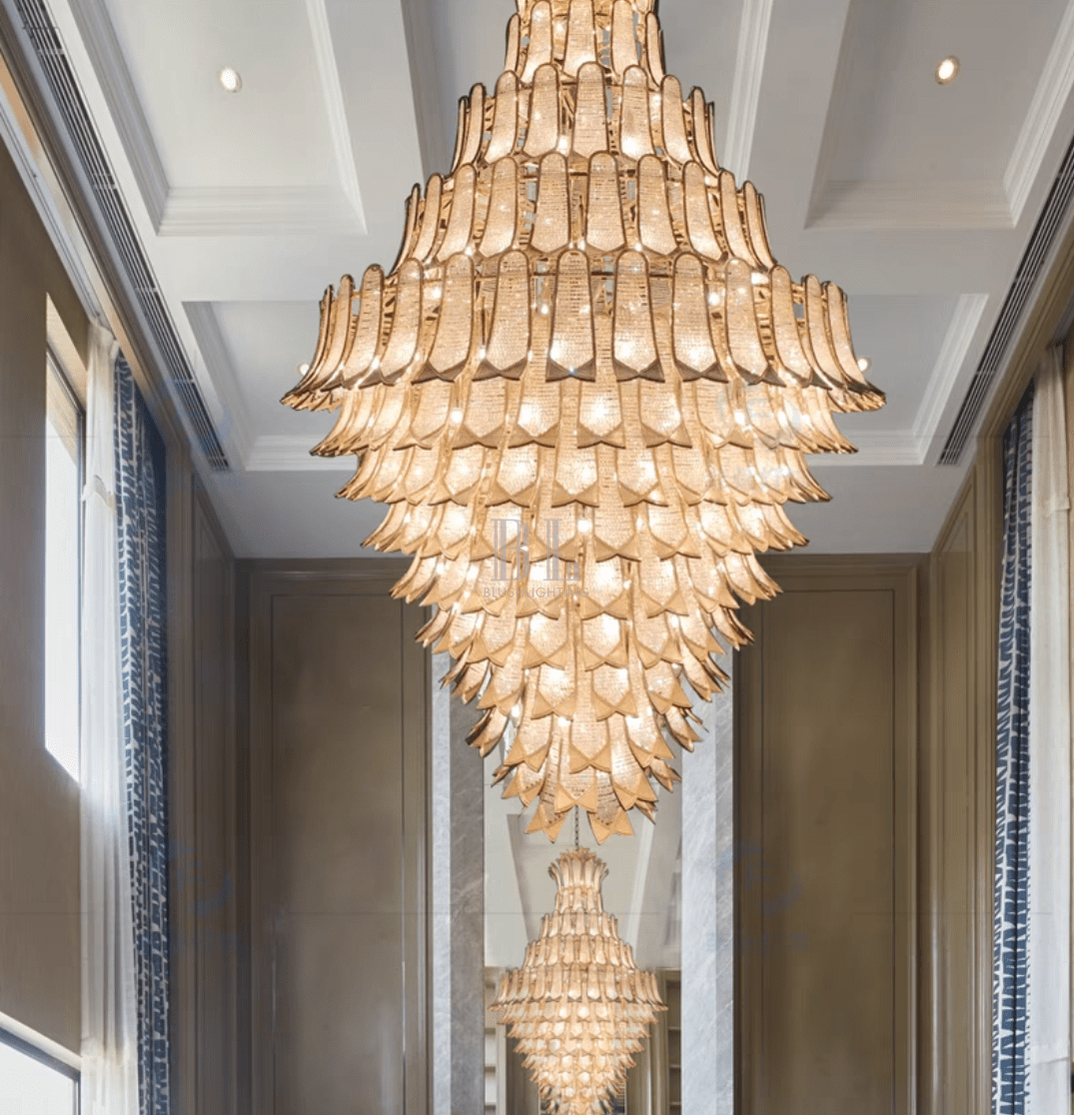 Extra Large Luxury Multi - tier Gold Pendant Glass Chandelier for Stairs/Large High - ceiling Room - D47.2"*H78.7"Warm LightBlushlighting