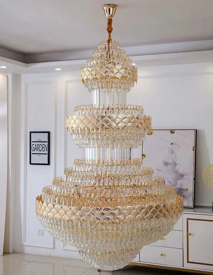 Extra Large Multi - layers Gold Luxury Crystal Chandelier Modern Empire Decrative Crystal Light For Living Room/Foyer/Staircase - D31.5"*H47.2"Warm LightBlushlighting