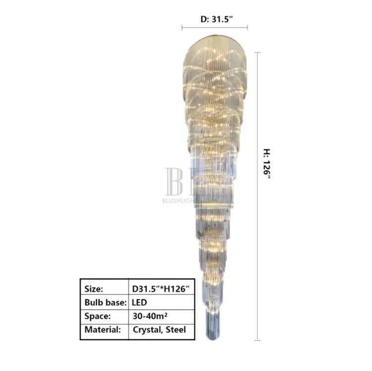 Extra Large Multi - layers Long Golden Crystal Chandelier for 2 - Storey/Duplex Buildings/Dining Room/Staircase - D 31.5"*H 126"Blushlighting