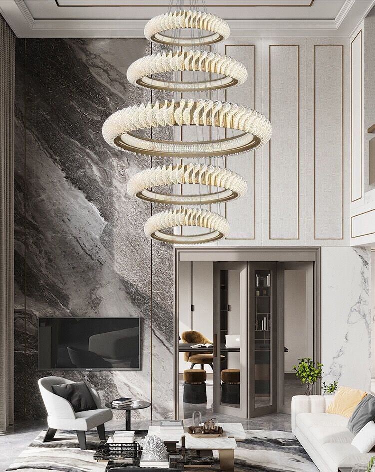 Extra Large Multi - layers Rings Crystal Chandelier Modern Art Waves Creative Pendant Light For High - ciling Foyer/Hallway/Staircase - 4 Layers:D39.4"GoldWarm LightBlushlighting