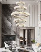 Extra Large Multi - layers Rings Crystal Chandelier Modern Art Waves Creative Pendant Light For High - ciling Foyer/Hallway/Staircase - 4 Layers:D39.4"GoldWarm LightBlushlighting