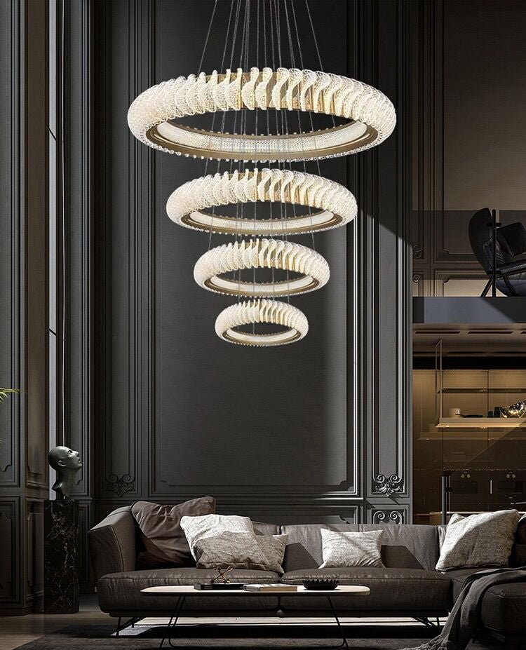 Extra Large Multi - layers Rings Crystal Chandelier Modern Art Waves Creative Pendant Light For High - ciling Foyer/Hallway/Staircase - 4 Layers:D39.4"GoldWarm LightBlushlighting