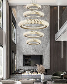 Extra Large Multi - layers Rings Crystal Chandelier Modern Art Waves Creative Pendant Light For High - ciling Foyer/Hallway/Staircase - 4 Layers:D39.4"GoldWarm LightBlushlighting