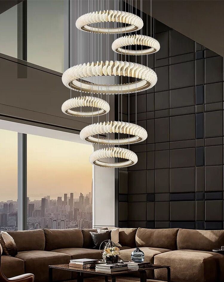 Extra Large Multi - layers Rings Crystal Chandelier Modern Art Waves Creative Pendant Light For High - ciling Foyer/Hallway/Staircase - 4 Layers:D39.4"GoldWarm LightBlushlighting