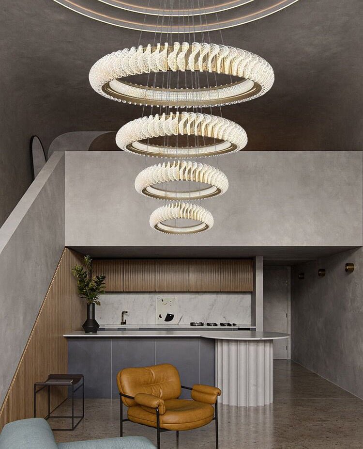Extra Large Multi - layers Rings Crystal Chandelier Modern Art Waves Creative Pendant Light For High - ciling Foyer/Hallway/Staircase - 4 Layers:D39.4"GoldWarm LightBlushlighting