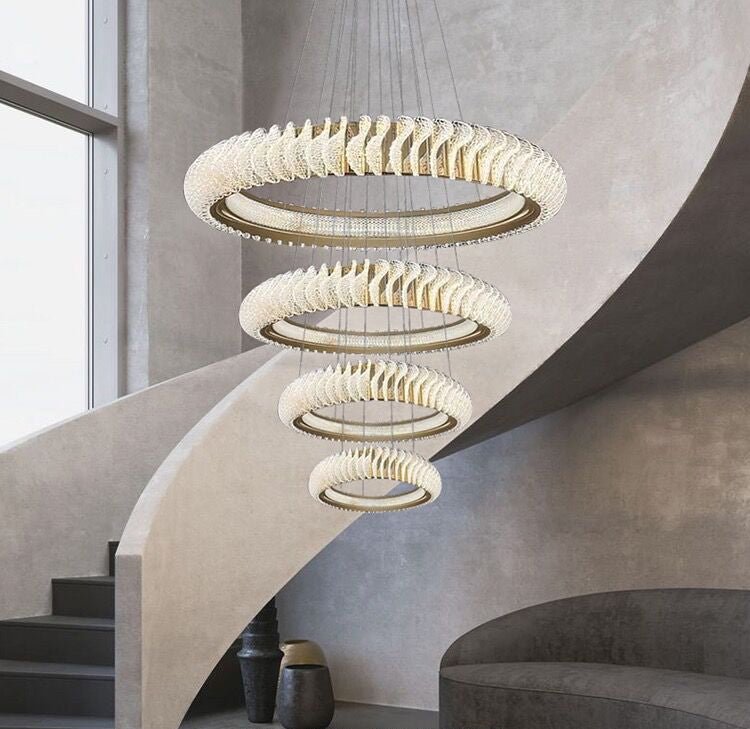 Extra Large Multi - layers Rings Crystal Chandelier Modern Art Waves Creative Pendant Light For High - ciling Foyer/Hallway/Staircase - 4 Layers:D39.4"GoldWarm LightBlushlighting