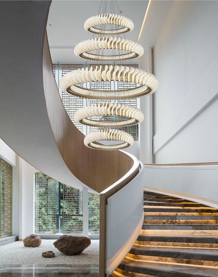 Extra Large Multi - layers Rings Crystal Chandelier Modern Art Waves Creative Pendant Light For High - ciling Foyer/Hallway/Staircase - 4 Layers:D39.4"GoldWarm LightBlushlighting