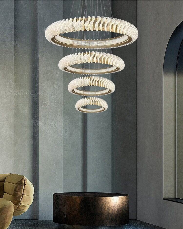 Extra Large Multi - layers Rings Crystal Chandelier Modern Art Waves Creative Pendant Light For High - ciling Foyer/Hallway/Staircase - 4 Layers:D39.4"GoldWarm LightBlushlighting