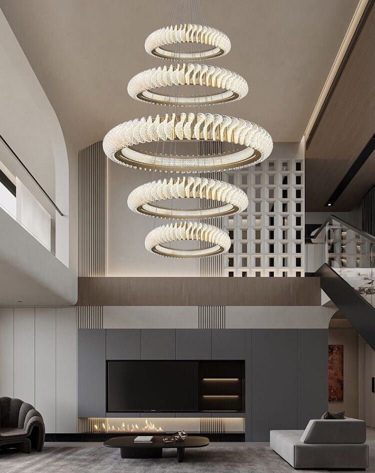 Extra Large Multi - layers Rings Crystal Chandelier Modern Art Waves Creative Pendant Light For High - ciling Foyer/Hallway/Staircase - 4 Layers:D39.4"GoldWarm LightBlushlighting