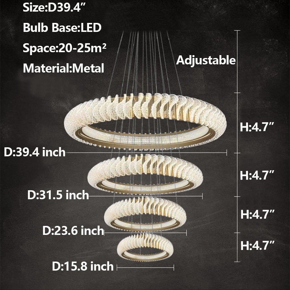 Extra Large Multi - layers Rings Crystal Chandelier Modern Art Waves Creative Pendant Light For High - ciling Foyer/Hallway/Staircase - 4 Layers:D39.4"GoldWarm LightBlushlighting