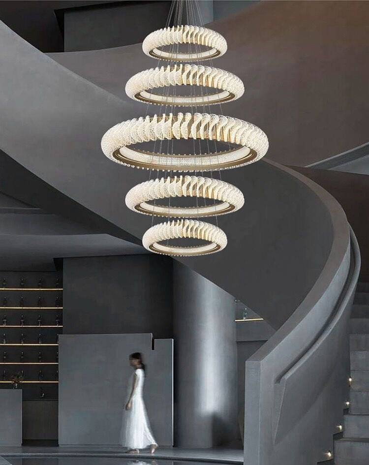 Extra Large Multi - layers Rings Crystal Chandelier Modern Art Waves Creative Pendant Light For High - ciling Foyer/Hallway/Staircase - 4 Layers:D39.4"GoldWarm LightBlushlighting