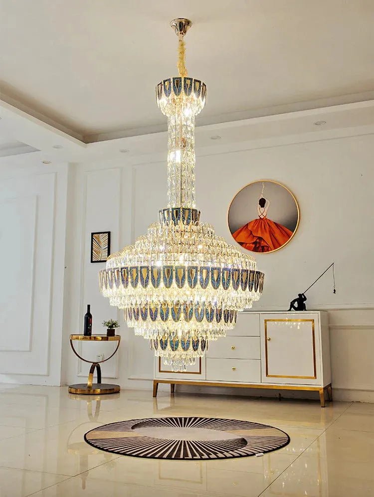 Extra Large Multi - tiered Empire Conical Funnel Crystal Chandelier for Big Hallway/Foyer/Staircase - D31.5"*H55.1"Smoky GrayWarm LightBlushlighting