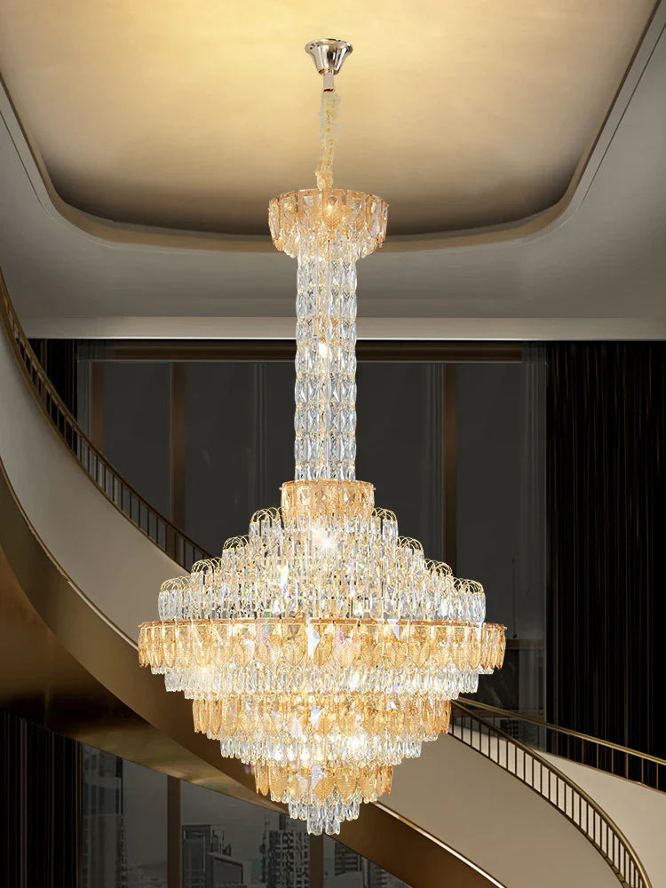 Crystal chandelier lighting up a modern high-ceiling villa