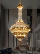 Crystal chandelier installed in a duplex loft staircase