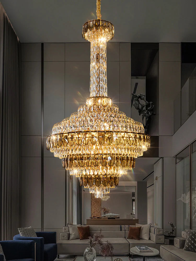 Crystal chandelier installed in a duplex loft staircase