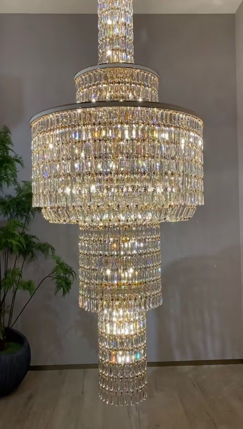 Extra Large Muti - tiered Round Crystal Chandelier with White Leather for High - ceiling - D39.4"*H104.7" (D100cm*H266cm)/95kgWarm LightBlushlighting