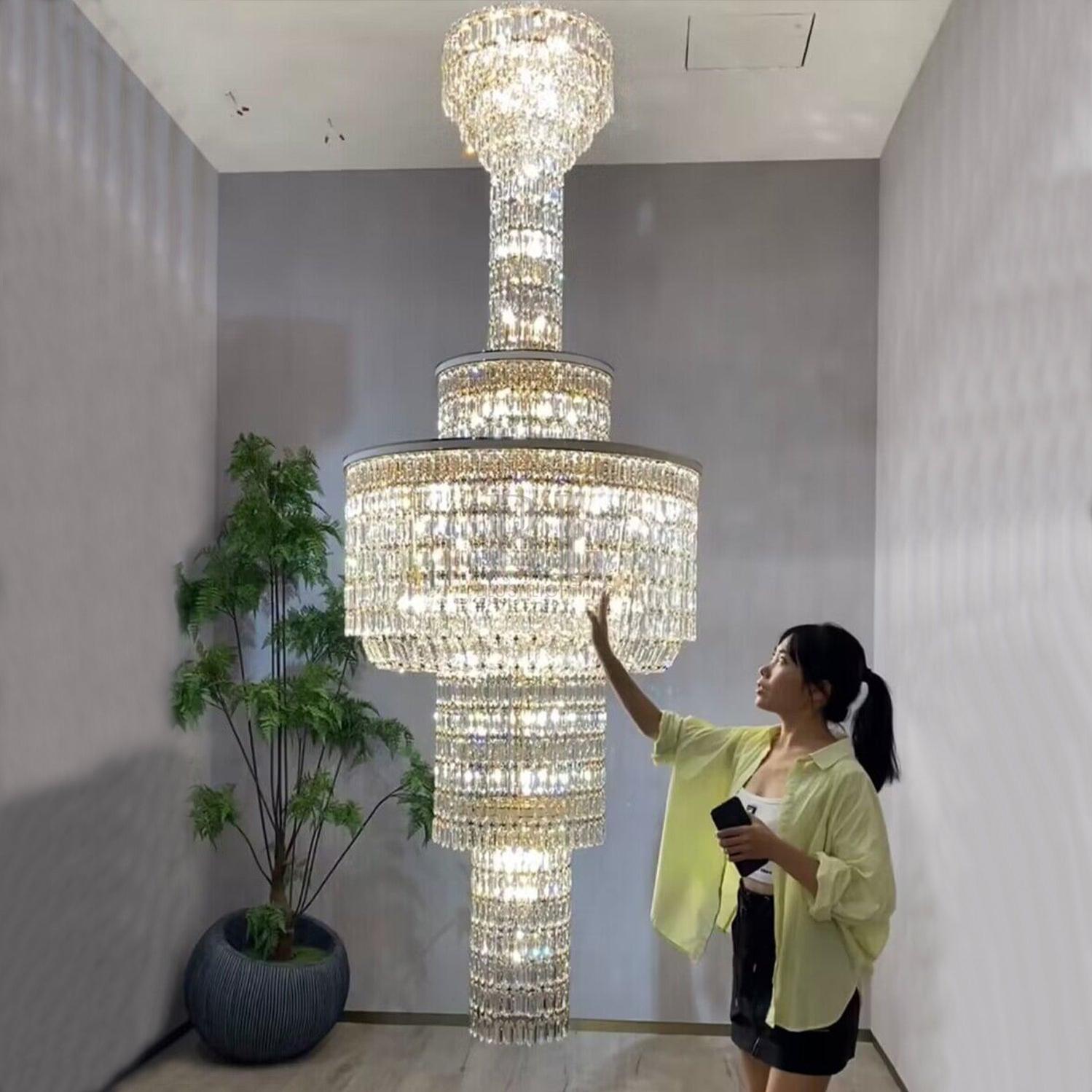 Extra Large Muti - tiered Round Crystal Chandelier with White Leather for High - ceiling - D39.4"*H104.7" (D100cm*H266cm)/95kgWarm LightBlushlighting