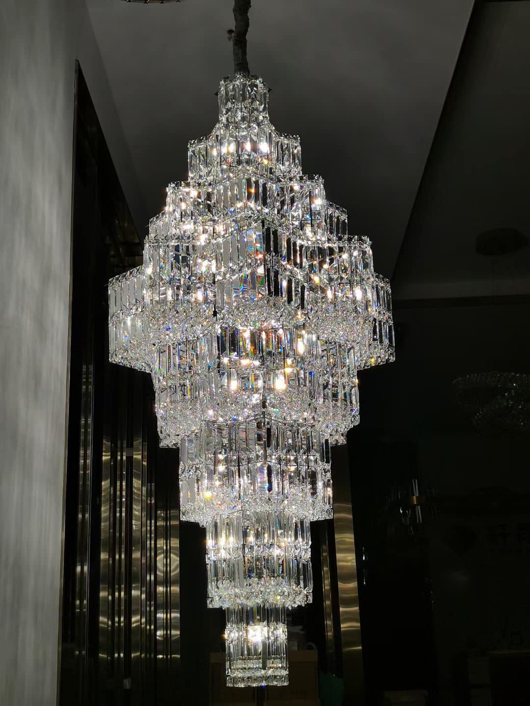 Extra Large Plaza Hall Multi - Tier Crystal Chandelier Foyer Living Room Staircase Ceiling Lighting Fixture In Chrome/ Silver Finish - 24 Lights/D23.6"*H53.5"ChromeWarm LightBlushlighting