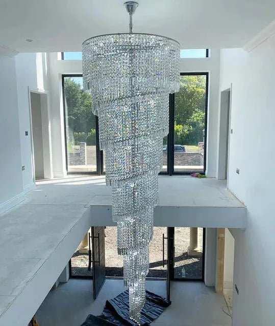 Extra Large Spiral Tiered Long Crystal Chandelier Luxury Crystal Tassel Light Fixture For Staircase/Entryway - D59.1"*H118.1"GoldBlushlighting