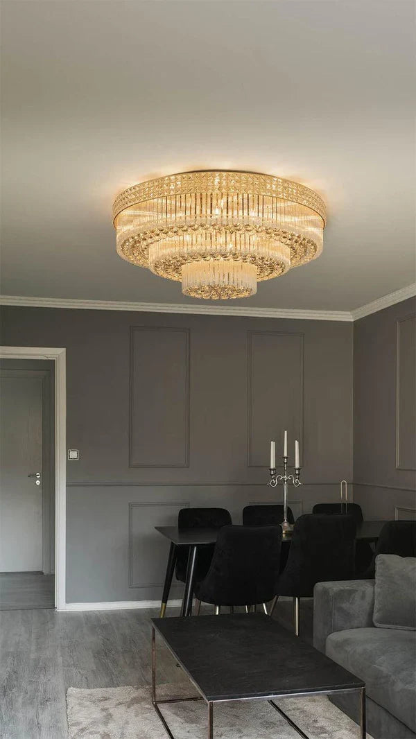 Extra Large Three Layers Round Luxury Flush Mounted Crystal Chandelier for Living Room-Merlin Lamps-D31.5"*H14.2"-Warm Light-Brass-merlinlamps