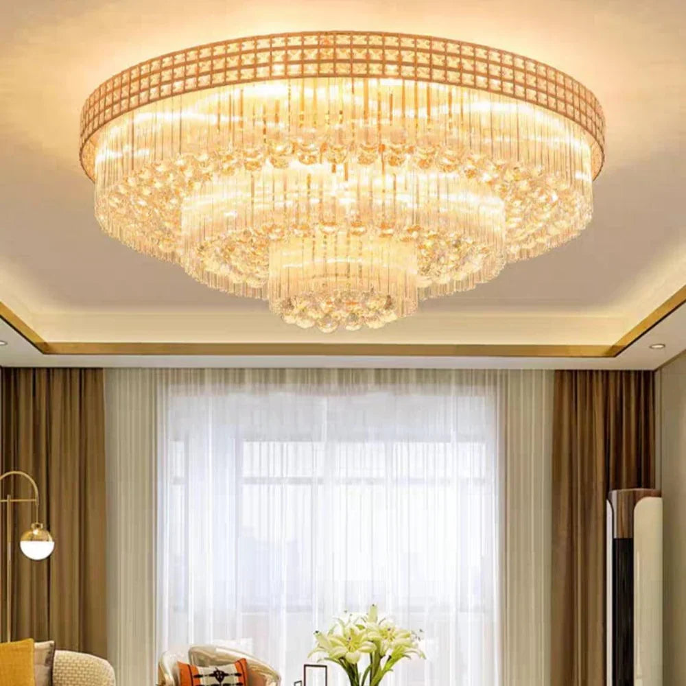Extra Large Three Layers Round Luxury Flush Mounted Crystal Chandelier for Living Room-Merlin Lamps-D31.5"*H14.2"-Warm Light-Brass-merlinlamps