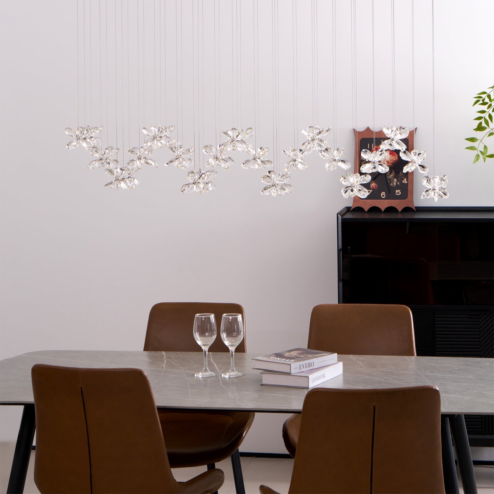 Floating Butterfly Chandelier - Long Canopy L 39.4″ x H 9.8″ x H 59.1″Silver & ClearWarm LightBlushlighting