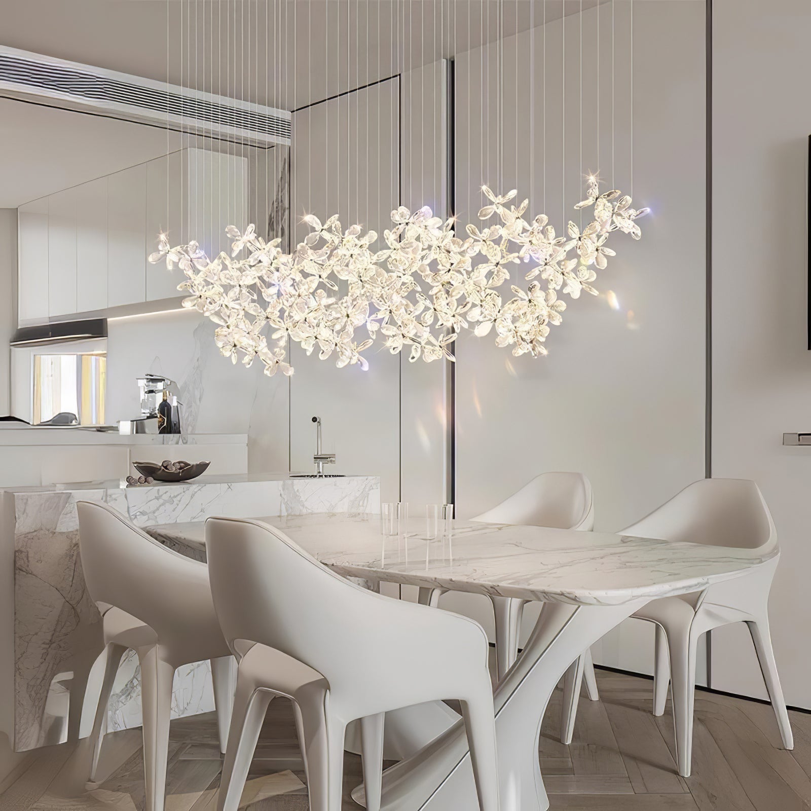 Floating Butterfly Chandelier - Long Canopy L 39.4″ x H 9.8″ x H 59.1″Silver & ClearWarm LightBlushlighting