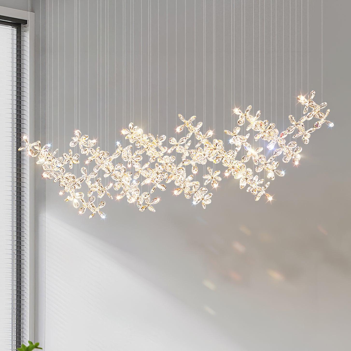 Floating Butterfly Chandelier - Long Canopy L 39.4″ x H 9.8″ x H 59.1″Silver & ClearWarm LightBlushlighting